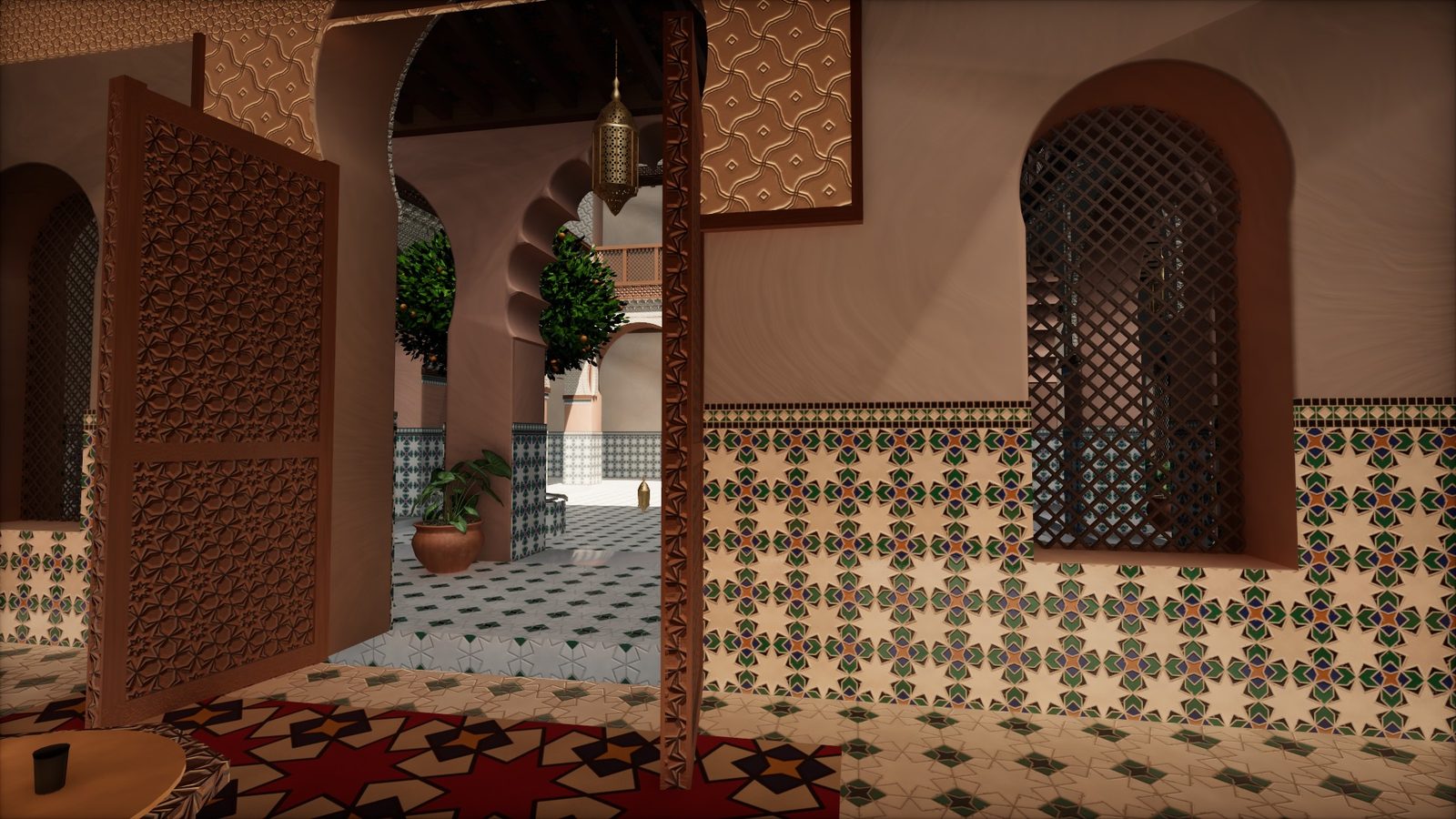 Moroccan riad, salon with WebGI SSGI and SSR